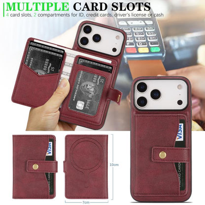 For iPhone 17 Pro Kalebol Magnetic Button Card Bag MagSafe Ring Leather Phone Case(Red) by Kalebol