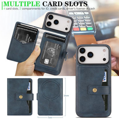 For iPhone 17 Pro Kalebol Magnetic Button Card Bag MagSafe Ring Leather Phone Case(Blue) by Kalebol