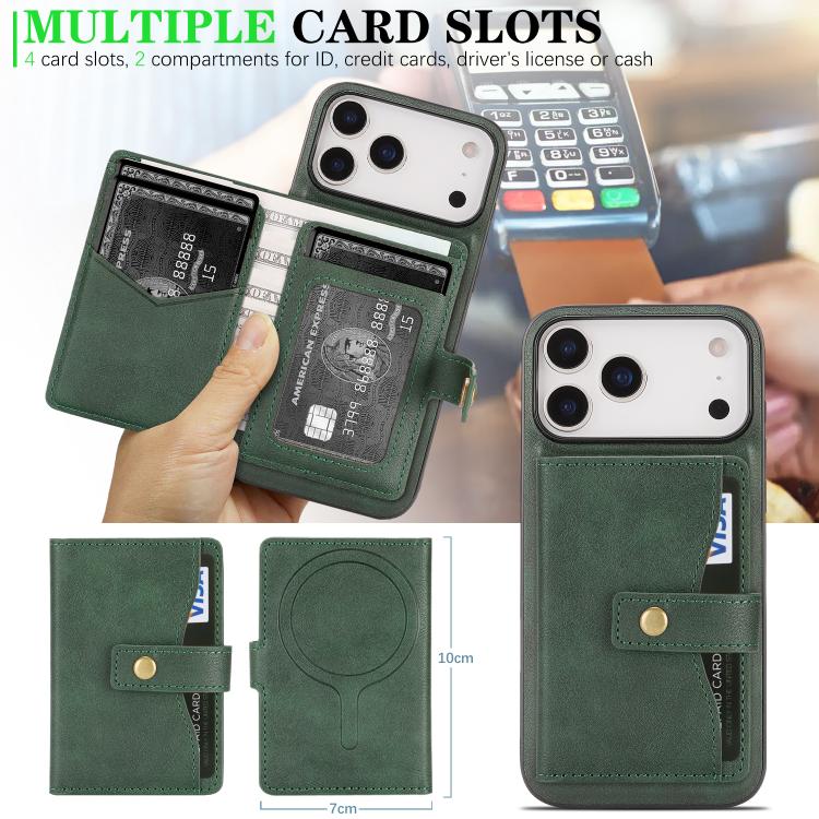 For iPhone 17 Pro Kalebol Magnetic Button Card Bag MagSafe Ring Leather Phone Case(Green) by Kalebol