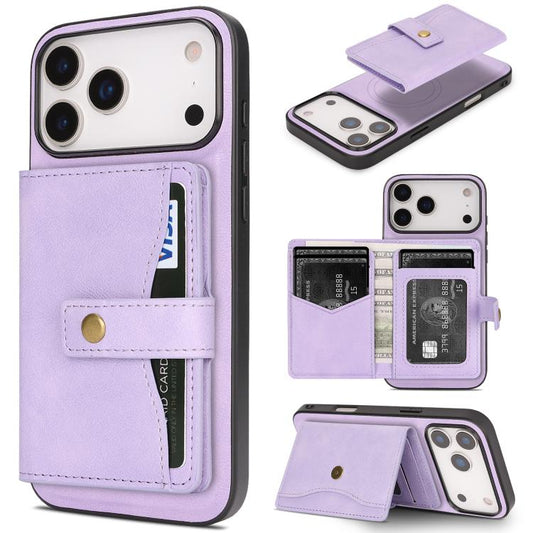 For iPhone 17 Pro Kalebol Magnetic Button Card Bag MagSafe Ring Leather Phone Case(Purple) by Kalebol