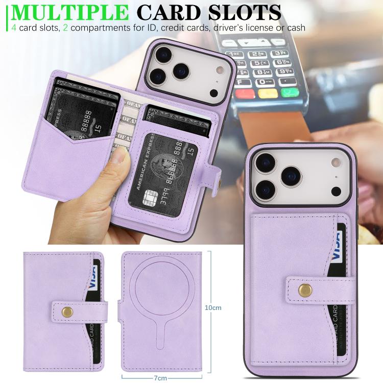 For iPhone 17 Pro Kalebol Magnetic Button Card Bag MagSafe Ring Leather Phone Case(Purple) by Kalebol