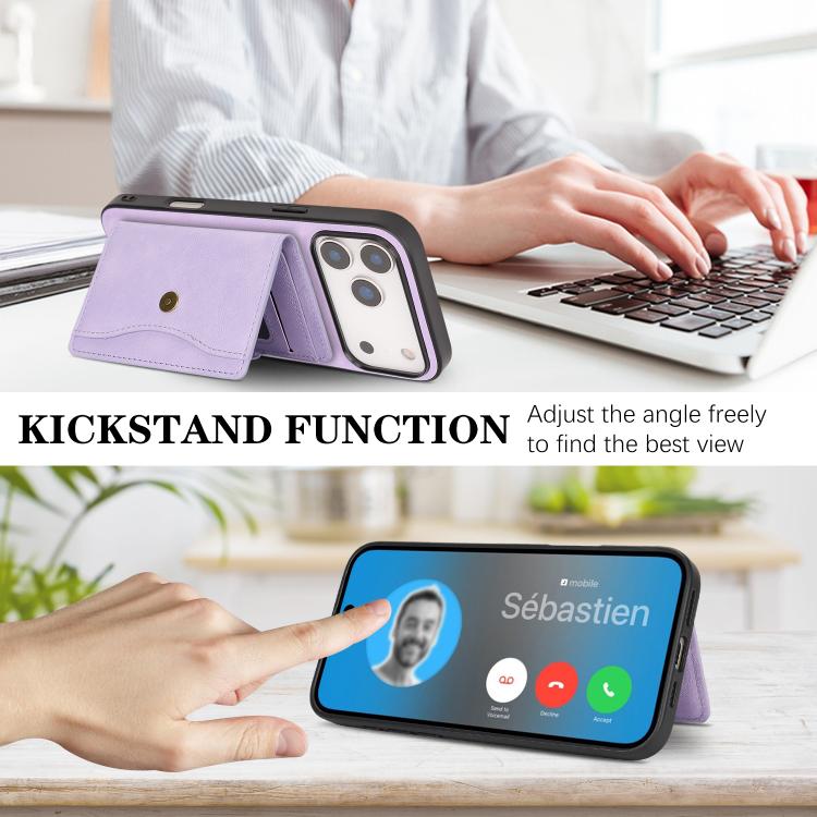 For iPhone 17 Pro Kalebol Magnetic Button Card Bag MagSafe Ring Leather Phone Case(Purple) by Kalebol