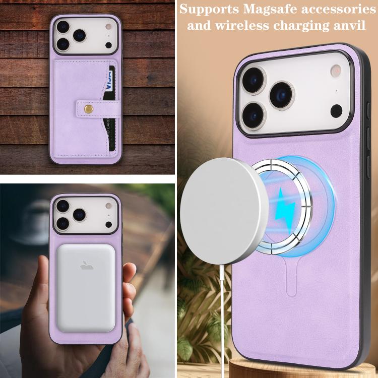 For iPhone 17 Pro Kalebol Magnetic Button Card Bag MagSafe Ring Leather Phone Case(Purple) by Kalebol