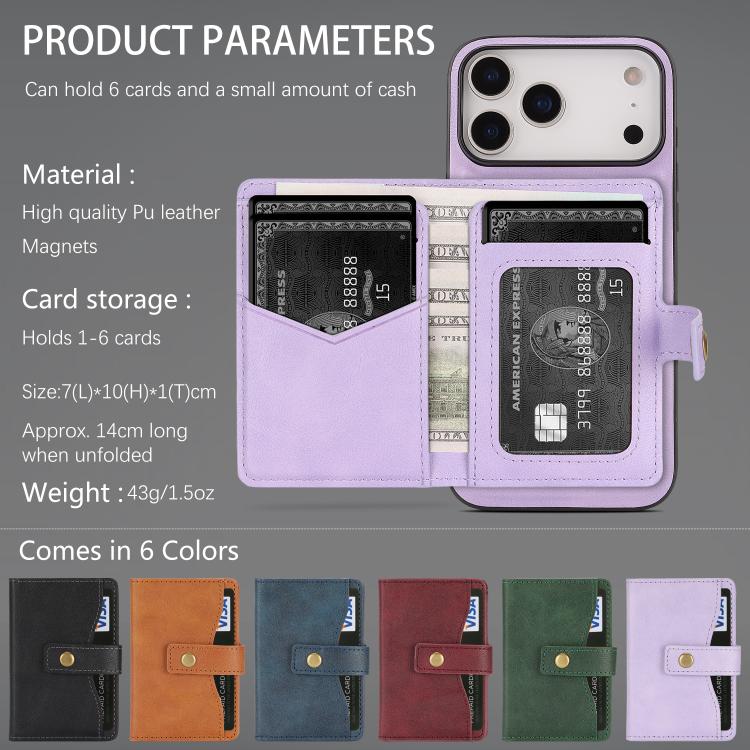 For iPhone 17 Pro Kalebol Magnetic Button Card Bag MagSafe Ring Leather Phone Case(Purple) by Kalebol