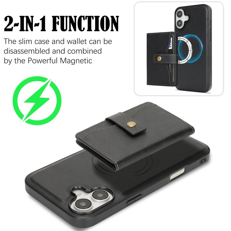 For iPhone 17 Kalebol Magnetic Button Card Bag MagSafe Ring Leather Phone Case(Black) by Kalebol