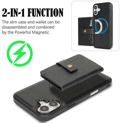 For iPhone 17 Kalebol Magnetic Button Card Bag MagSafe Ring Leather Phone Case(Black) by Kalebol