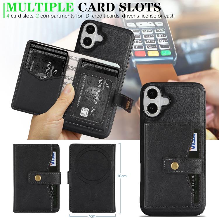 For iPhone 17 Kalebol Magnetic Button Card Bag MagSafe Ring Leather Phone Case(Black) by Kalebol