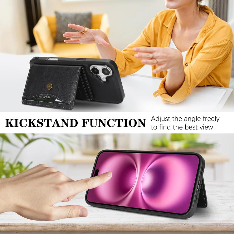 For iPhone 17 Kalebol Magnetic Button Card Bag MagSafe Ring Leather Phone Case(Black) by Kalebol