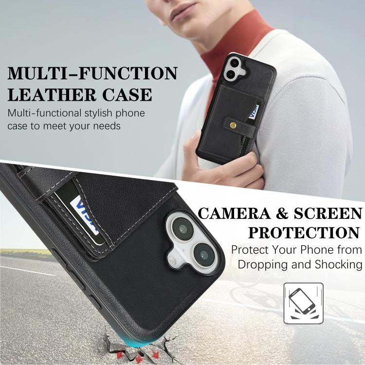 For iPhone 17 Kalebol Magnetic Button Card Bag MagSafe Ring Leather Phone Case(Black) by Kalebol