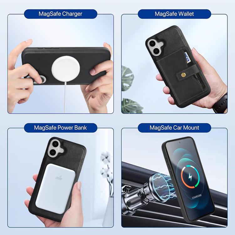 For iPhone 17 Kalebol Magnetic Button Card Bag MagSafe Ring Leather Phone Case(Black) by Kalebol