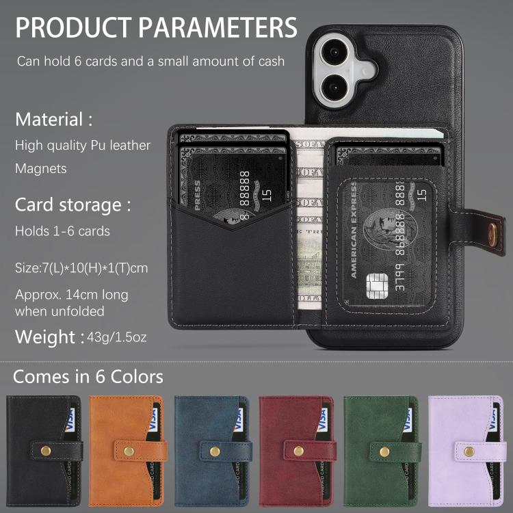 For iPhone 17 Kalebol Magnetic Button Card Bag MagSafe Ring Leather Phone Case(Black) by Kalebol