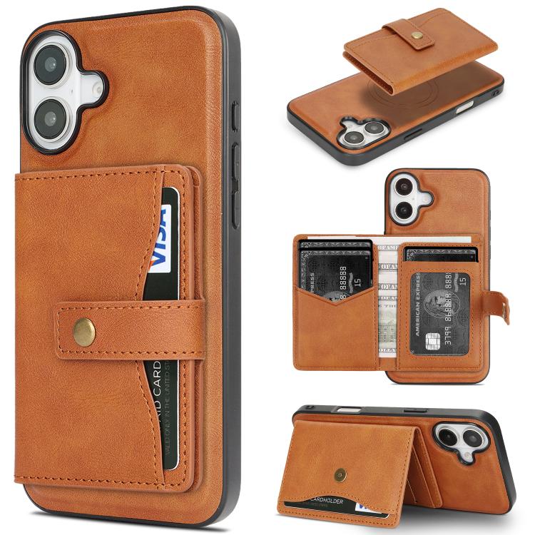 For iPhone 17 Kalebol Magnetic Button Card Bag MagSafe Ring Leather Phone Case(Brown) by Kalebol