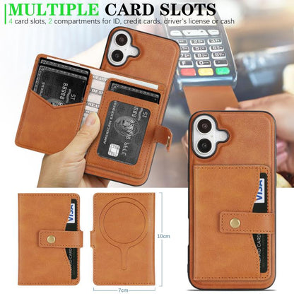For iPhone 17 Kalebol Magnetic Button Card Bag MagSafe Ring Leather Phone Case(Brown) by Kalebol