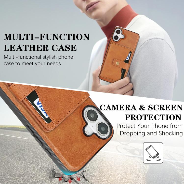 For iPhone 17 Kalebol Magnetic Button Card Bag MagSafe Ring Leather Phone Case(Brown) by Kalebol