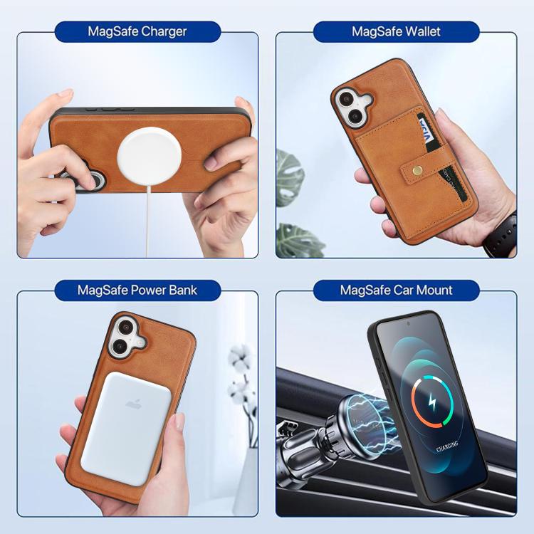 For iPhone 17 Kalebol Magnetic Button Card Bag MagSafe Ring Leather Phone Case(Brown) by Kalebol