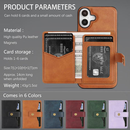 For iPhone 17 Kalebol Magnetic Button Card Bag MagSafe Ring Leather Phone Case(Brown) by Kalebol