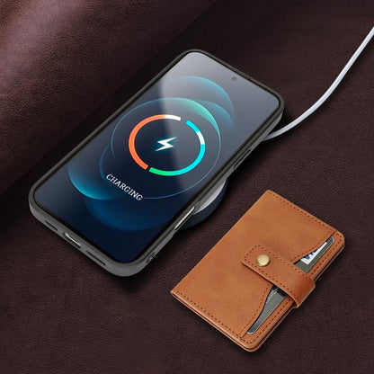 For iPhone 17 Kalebol Magnetic Button Card Bag MagSafe Ring Leather Phone Case(Brown) by Kalebol