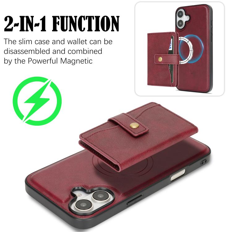 For iPhone 17 Kalebol Magnetic Button Card Bag MagSafe Ring Leather Phone Case(Red) by Kalebol