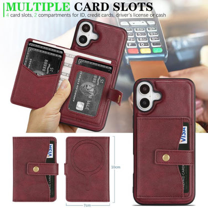 For iPhone 17 Kalebol Magnetic Button Card Bag MagSafe Ring Leather Phone Case(Red) by Kalebol