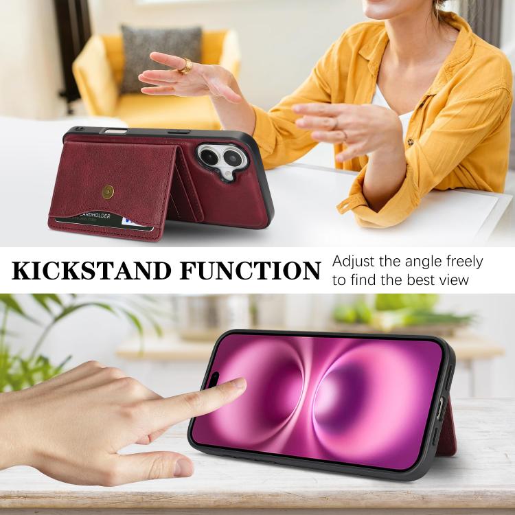 For iPhone 17 Kalebol Magnetic Button Card Bag MagSafe Ring Leather Phone Case(Red) by Kalebol