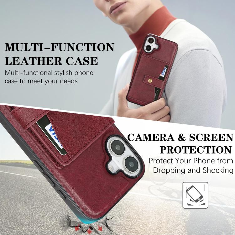 For iPhone 17 Kalebol Magnetic Button Card Bag MagSafe Ring Leather Phone Case(Red) by Kalebol