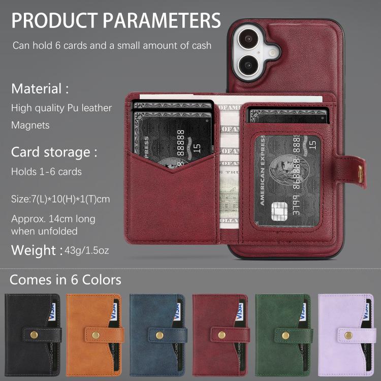 For iPhone 17 Kalebol Magnetic Button Card Bag MagSafe Ring Leather Phone Case(Red) by Kalebol