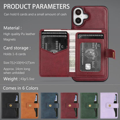 For iPhone 17 Kalebol Magnetic Button Card Bag MagSafe Ring Leather Phone Case(Red) by Kalebol