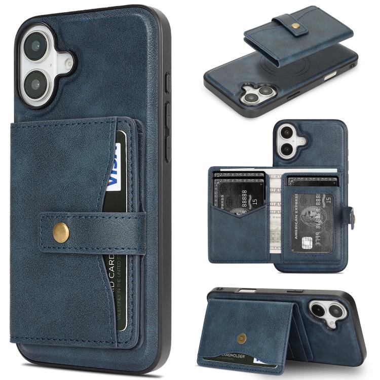 For iPhone 17 Kalebol Magnetic Button Card Bag MagSafe Ring Leather Phone Case(Blue) by Kalebol