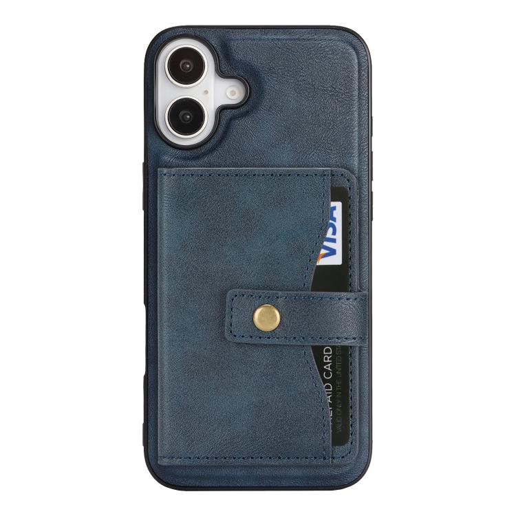For iPhone 17 Kalebol Magnetic Button Card Bag MagSafe Ring Leather Phone Case(Blue) by Kalebol