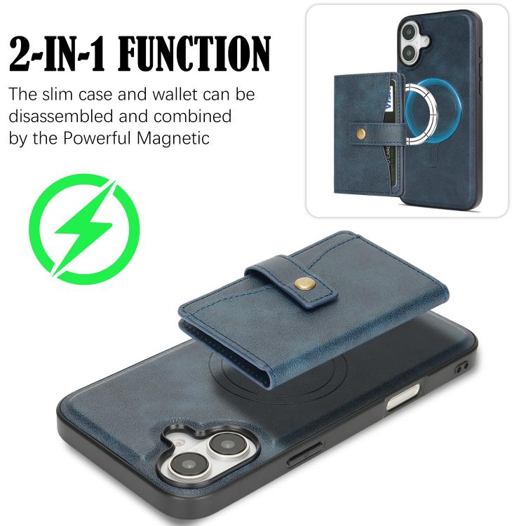 For iPhone 17 Kalebol Magnetic Button Card Bag MagSafe Ring Leather Phone Case(Blue) by Kalebol