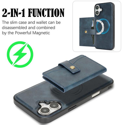 For iPhone 17 Kalebol Magnetic Button Card Bag MagSafe Ring Leather Phone Case(Blue) by Kalebol