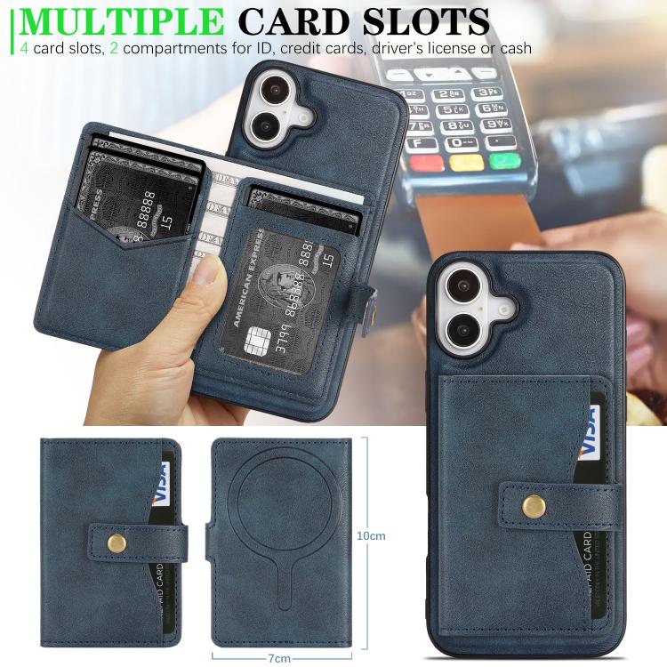 For iPhone 17 Kalebol Magnetic Button Card Bag MagSafe Ring Leather Phone Case(Blue) by Kalebol