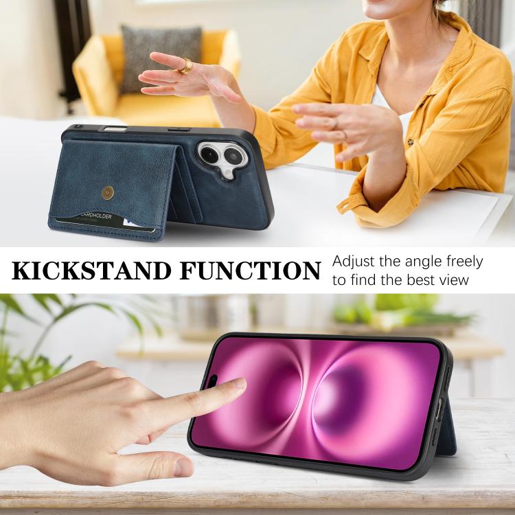 For iPhone 17 Kalebol Magnetic Button Card Bag MagSafe Ring Leather Phone Case(Blue) by Kalebol