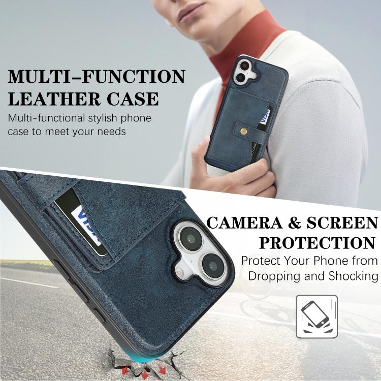 For iPhone 17 Kalebol Magnetic Button Card Bag MagSafe Ring Leather Phone Case(Blue) by Kalebol