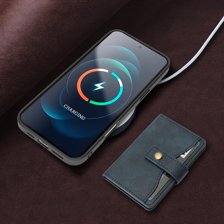 For iPhone 17 Kalebol Magnetic Button Card Bag MagSafe Ring Leather Phone Case(Blue) by Kalebol