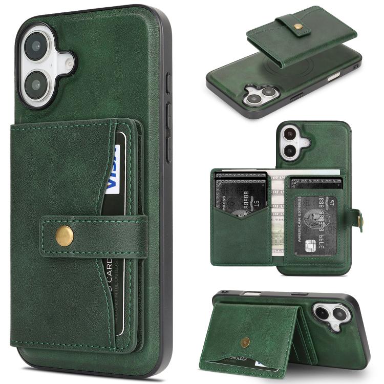 For iPhone 17 Kalebol Magnetic Button Card Bag MagSafe Ring Leather Phone Case(Green) by Kalebol