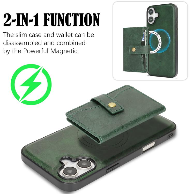 For iPhone 17 Kalebol Magnetic Button Card Bag MagSafe Ring Leather Phone Case(Green) by Kalebol