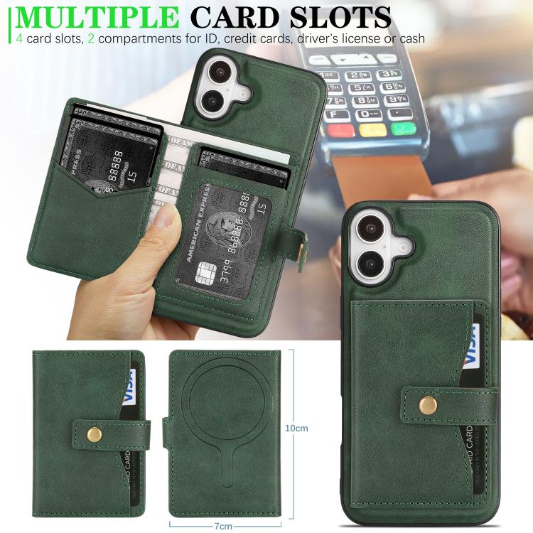 For iPhone 17 Kalebol Magnetic Button Card Bag MagSafe Ring Leather Phone Case(Green) by Kalebol