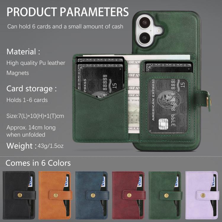 For iPhone 17 Kalebol Magnetic Button Card Bag MagSafe Ring Leather Phone Case(Green) by Kalebol