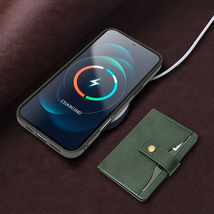 For iPhone 17 Kalebol Magnetic Button Card Bag MagSafe Ring Leather Phone Case(Green) by Kalebol