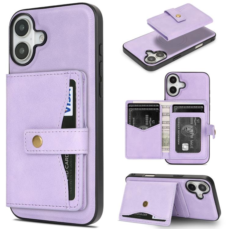 For iPhone 17 Kalebol Magnetic Button Card Bag MagSafe Ring Leather Phone Case(Purple) by Kalebol