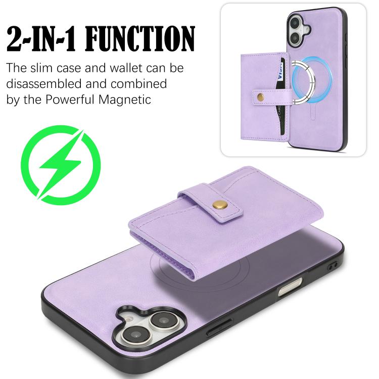 For iPhone 17 Kalebol Magnetic Button Card Bag MagSafe Ring Leather Phone Case(Purple) by Kalebol