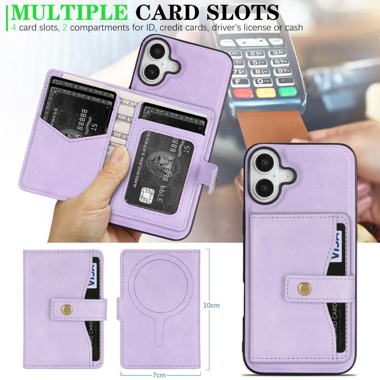For iPhone 17 Kalebol Magnetic Button Card Bag MagSafe Ring Leather Phone Case(Purple) by Kalebol