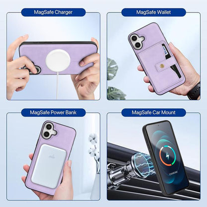 For iPhone 17 Kalebol Magnetic Button Card Bag MagSafe Ring Leather Phone Case(Purple) by Kalebol