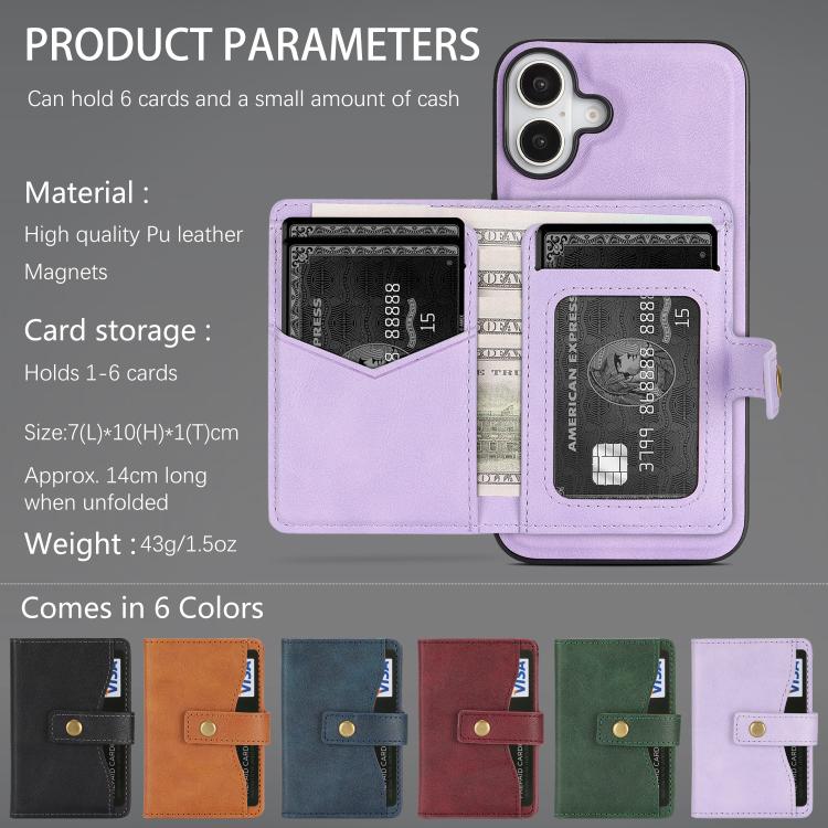For iPhone 17 Kalebol Magnetic Button Card Bag MagSafe Ring Leather Phone Case(Purple) by Kalebol