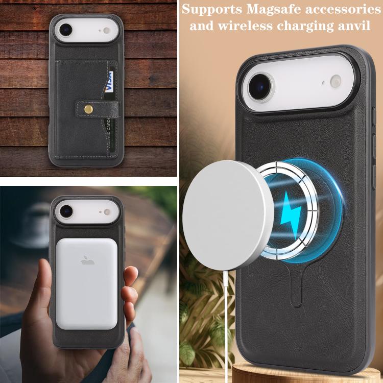 For iPhone Air Kalebol Magnetic Button Card Bag MagSafe Ring Leather Phone Case(Black) by Kalebol