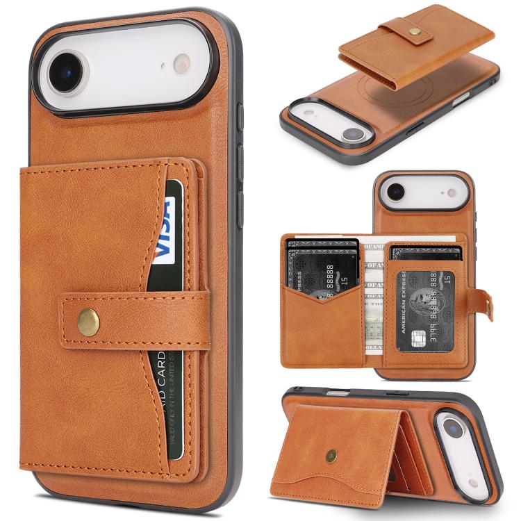 For iPhone Air Kalebol Magnetic Button Card Bag MagSafe Ring Leather Phone Case(Brown) by Kalebol