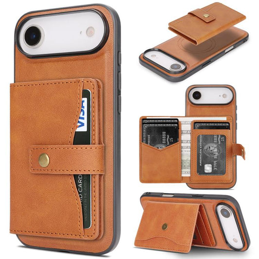 For iPhone Air Kalebol Magnetic Button Card Bag MagSafe Ring Leather Phone Case(Brown) by Kalebol