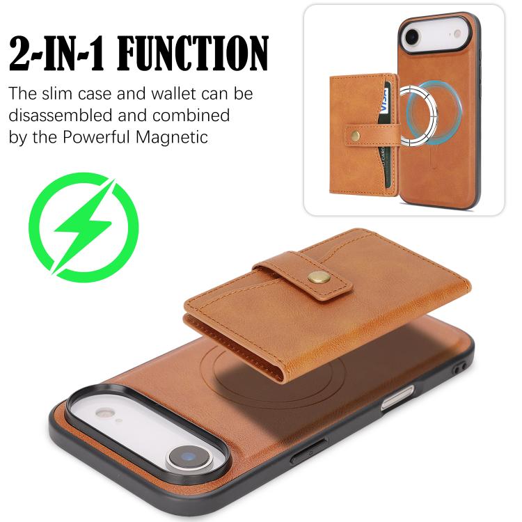 For iPhone Air Kalebol Magnetic Button Card Bag MagSafe Ring Leather Phone Case(Brown) by Kalebol