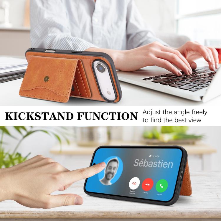 For iPhone Air Kalebol Magnetic Button Card Bag MagSafe Ring Leather Phone Case(Brown) by Kalebol